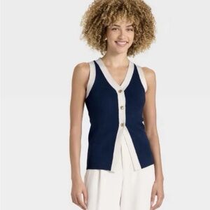 A New Day Navy and White gold Button-Up Vest Soft Poly Viscose blend Sz M